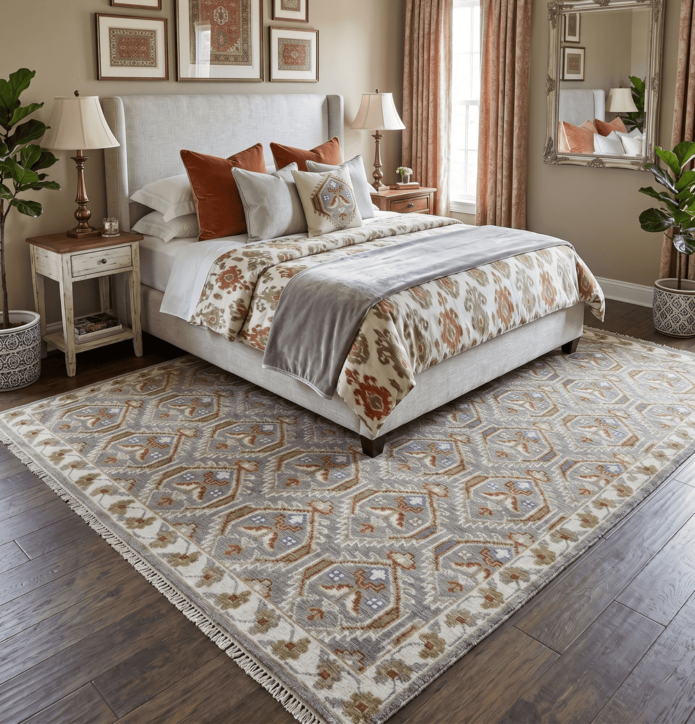 Antique look Traditional Hand Knotted Silver, Ivory and Rust Wool Area Rug - The Rug Decor