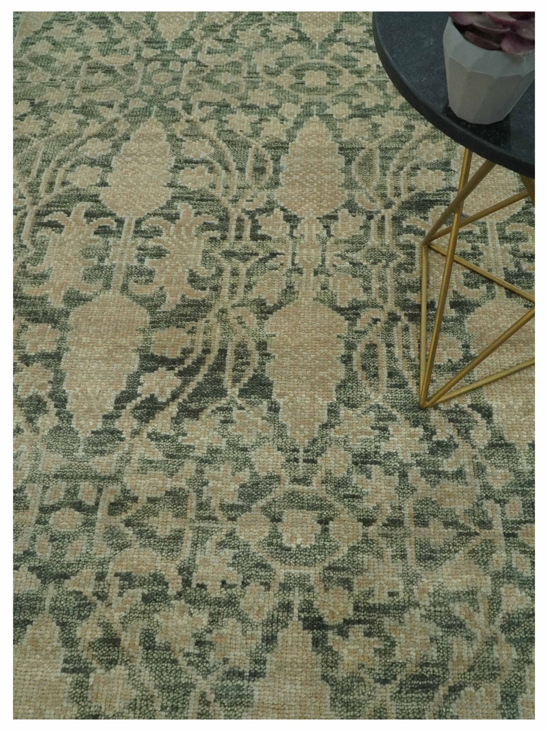 Antique look vintage style 8x10 Green, Beige and Brown traditional Hand Knotted wool rug - The Rug Decor