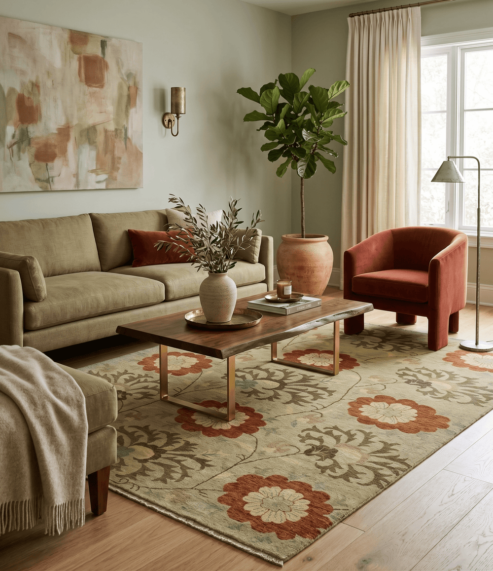 Antique Modern Floral Olive and Rust Hand Knotted Wool Rug - The Rug Decor