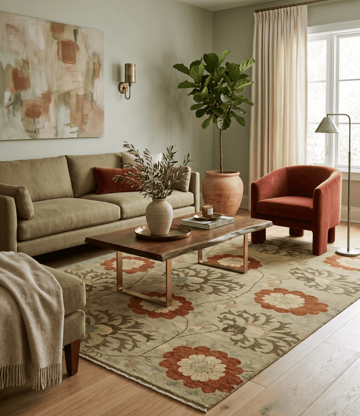 Antique Modern Floral Olive and Rust Hand Knotted Wool Rug - The Rug Decor