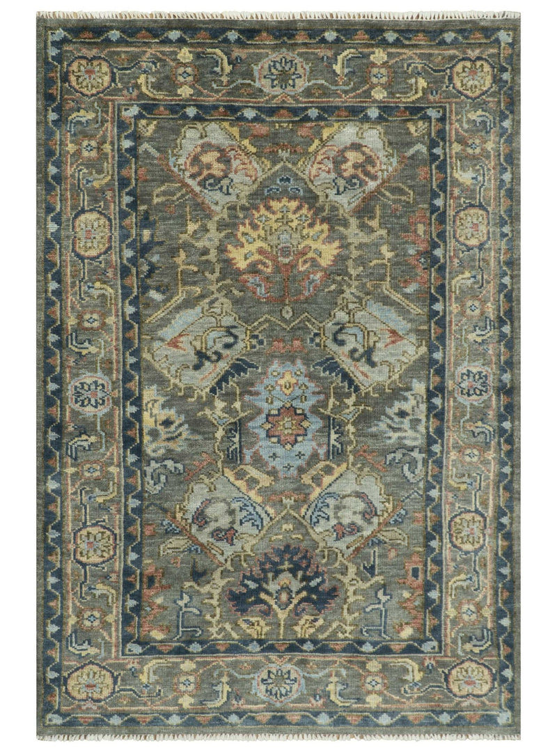 Antique Moss All Wool Traditional Oushak Charcoal, Brown and Blue Hand knotted Custom Made wool Area Rug - The Rug Decor