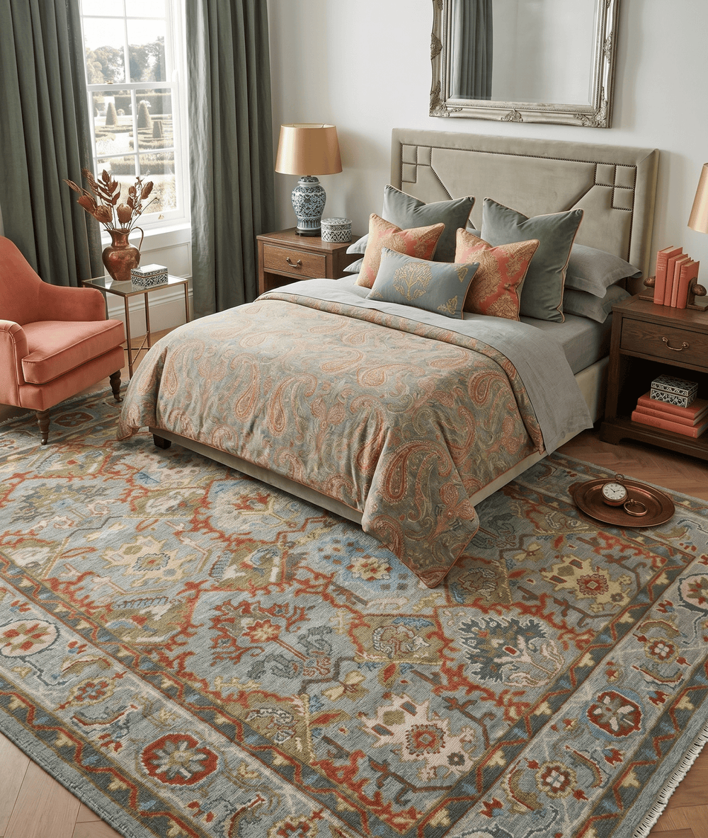 Antique Moss All Wool Traditional Persian Silver, Rust and Green Hand knotted Oushak Area Rug - The Rug Decor