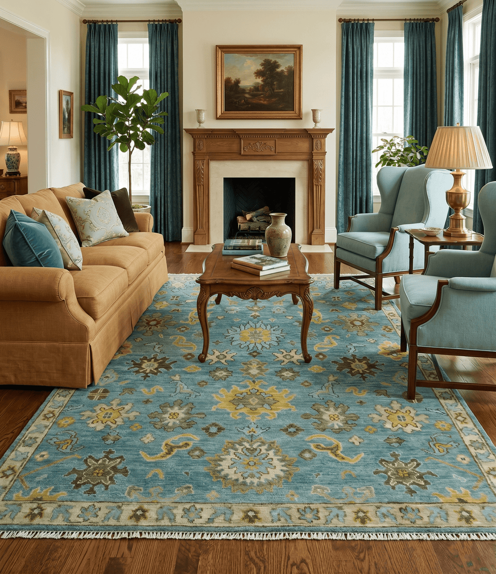 Antique Moss Green and Blue Wool Hand Knotted Traditional Oriental Oushak Wool Area Rug - The Rug Decor