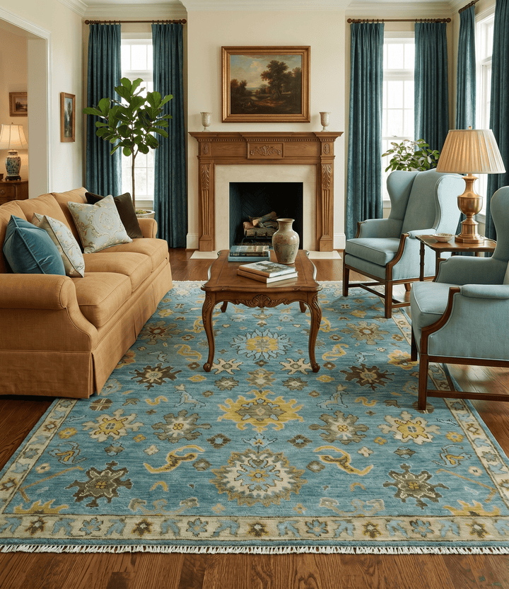 Antique Moss Green and Blue Wool Hand Knotted Traditional Oriental Oushak Wool Area Rug - The Rug Decor