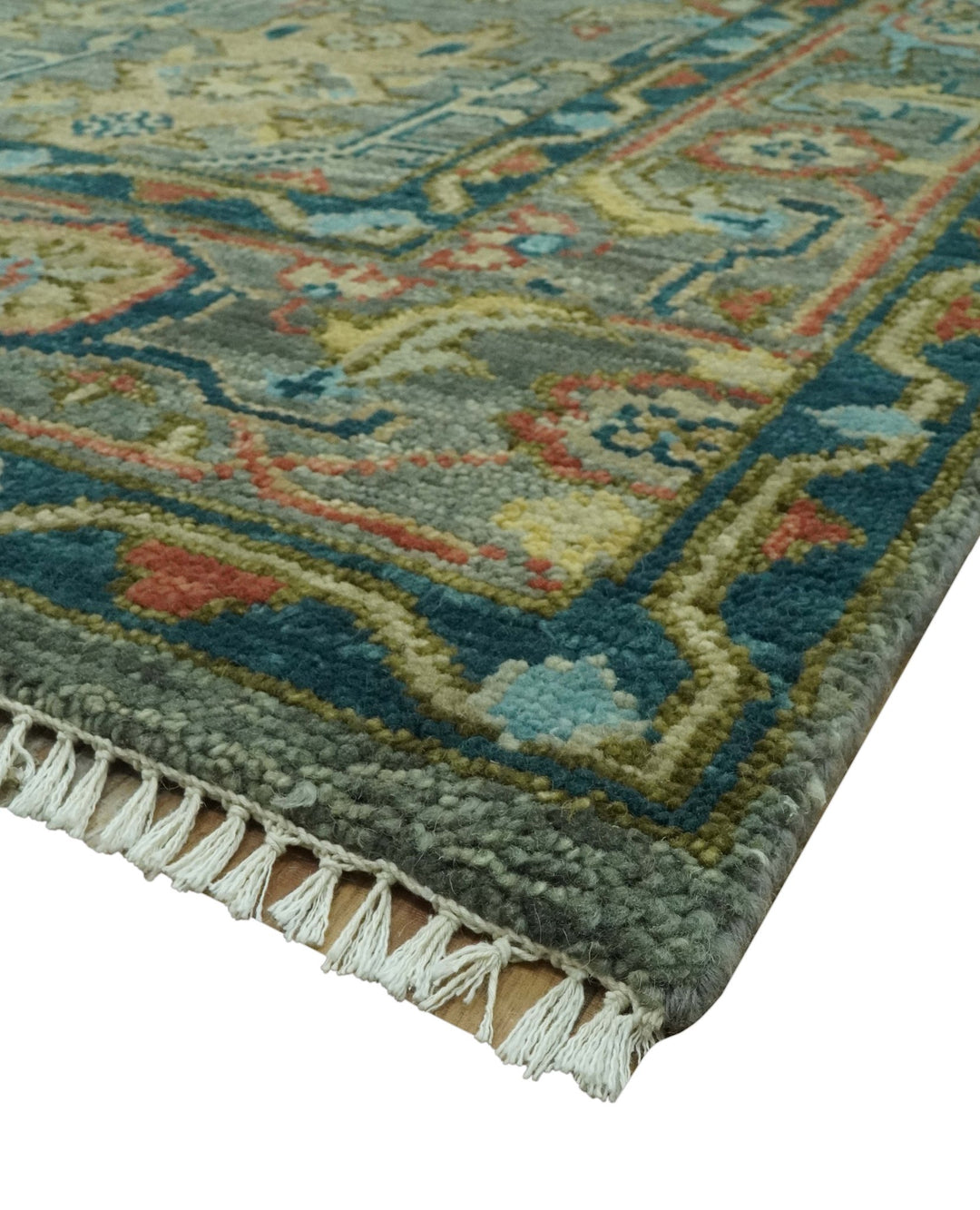 Antique Moss Green Silver and Teal Traditional Oushak Hand knotted Custom Made wool Area Rug - The Rug Decor