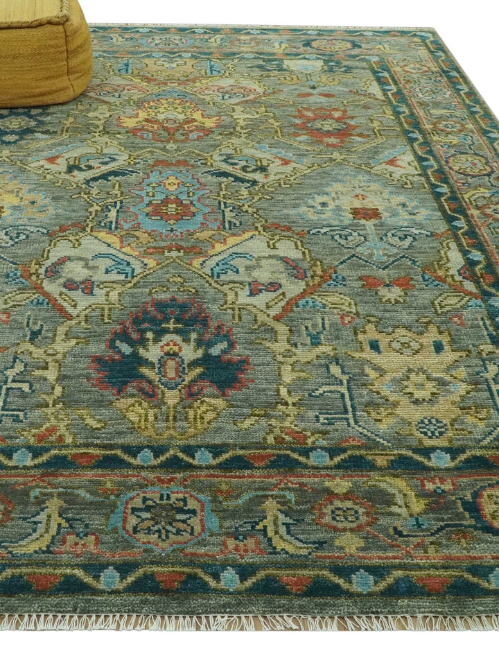 Antique Moss Green Silver and Teal Traditional Oushak Hand knotted Custom Made wool Area Rug - The Rug Decor
