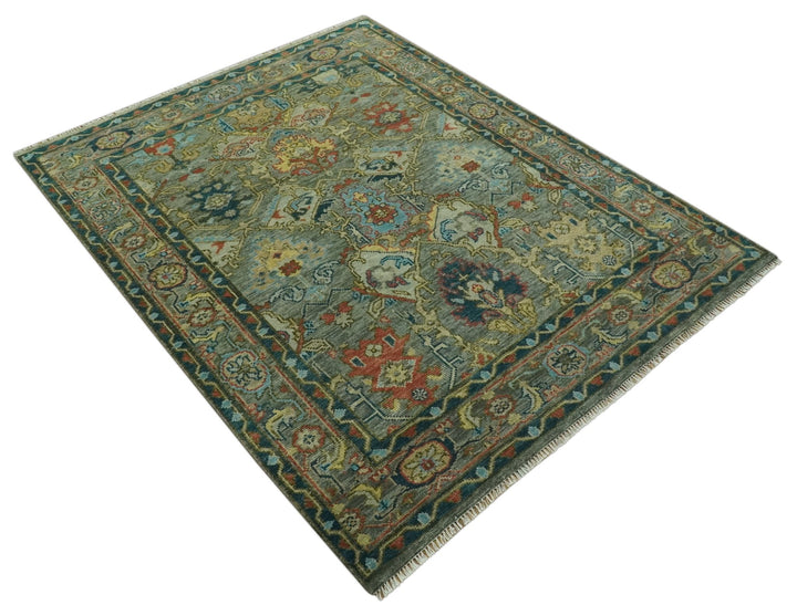 Antique Moss Green Silver and Teal Traditional Oushak Hand knotted Custom Made wool Area Rug - The Rug Decor