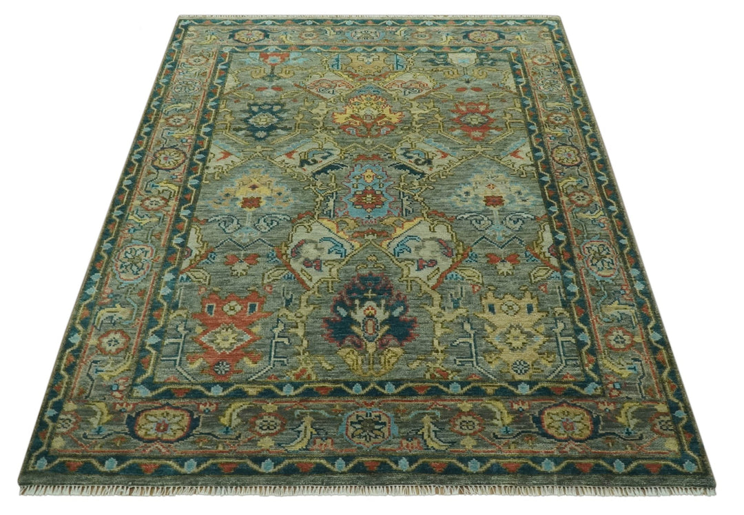 Antique Moss Green Silver and Teal Traditional Oushak Hand knotted Custom Made wool Area Rug - The Rug Decor