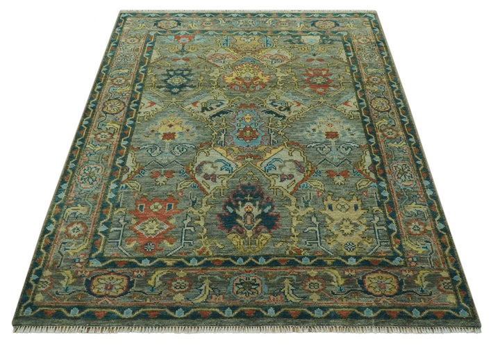 Antique Moss Green Silver and Teal Traditional Oushak Hand knotted Custom Made wool Area Rug - The Rug Decor