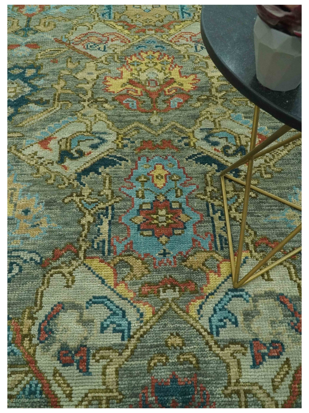 Antique Moss Green Silver and Teal Traditional Oushak Hand knotted Custom Made wool Area Rug - The Rug Decor