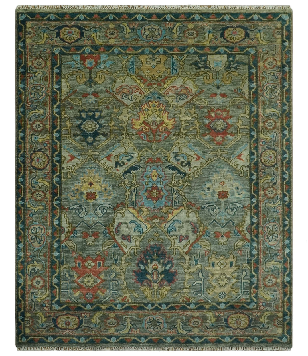 Antique Moss Green Silver and Teal Traditional Oushak Hand knotted Custom Made wool Area Rug - The Rug Decor