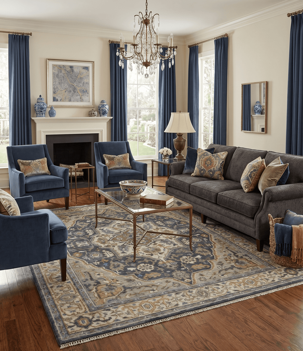 Antique Muted Traditional Heriz Blue ,Beige and Brown Hand knotted Custom made wool Area Rug - The Rug Decor