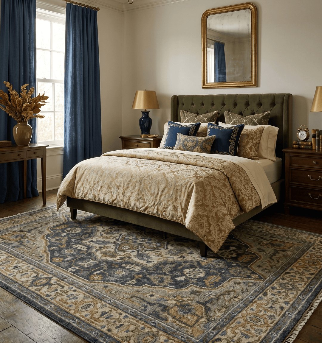 Antique Muted Traditional Heriz Blue ,Beige and Brown Hand knotted Custom made wool Area Rug - The Rug Decor