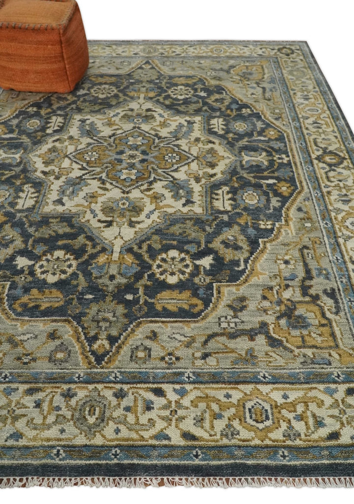 Antique Muted Wool Traditional Blue ,Beige and Brown Hand knotted Persian Serapi Area Rug | TRDCP718 - The Rug Decor