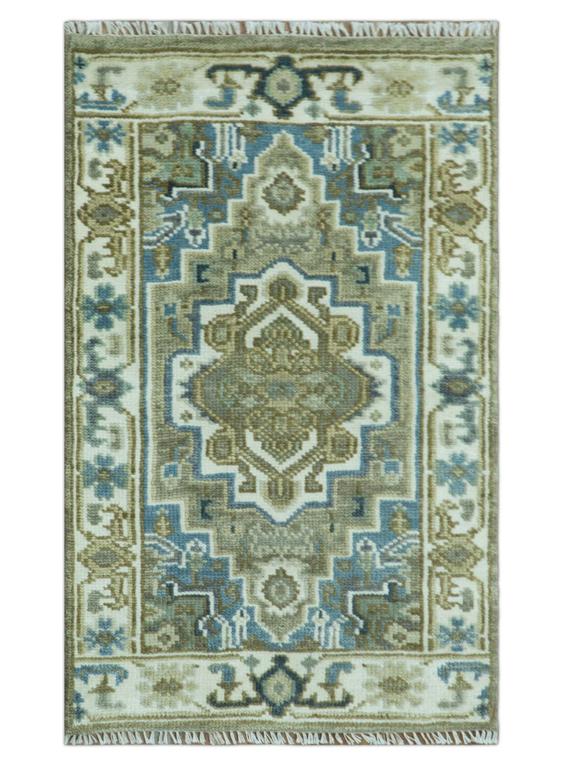 Antique Olive, Blue and Ivory Heriz Serapi Multi Size Wool Area Rug - The Rug Decor