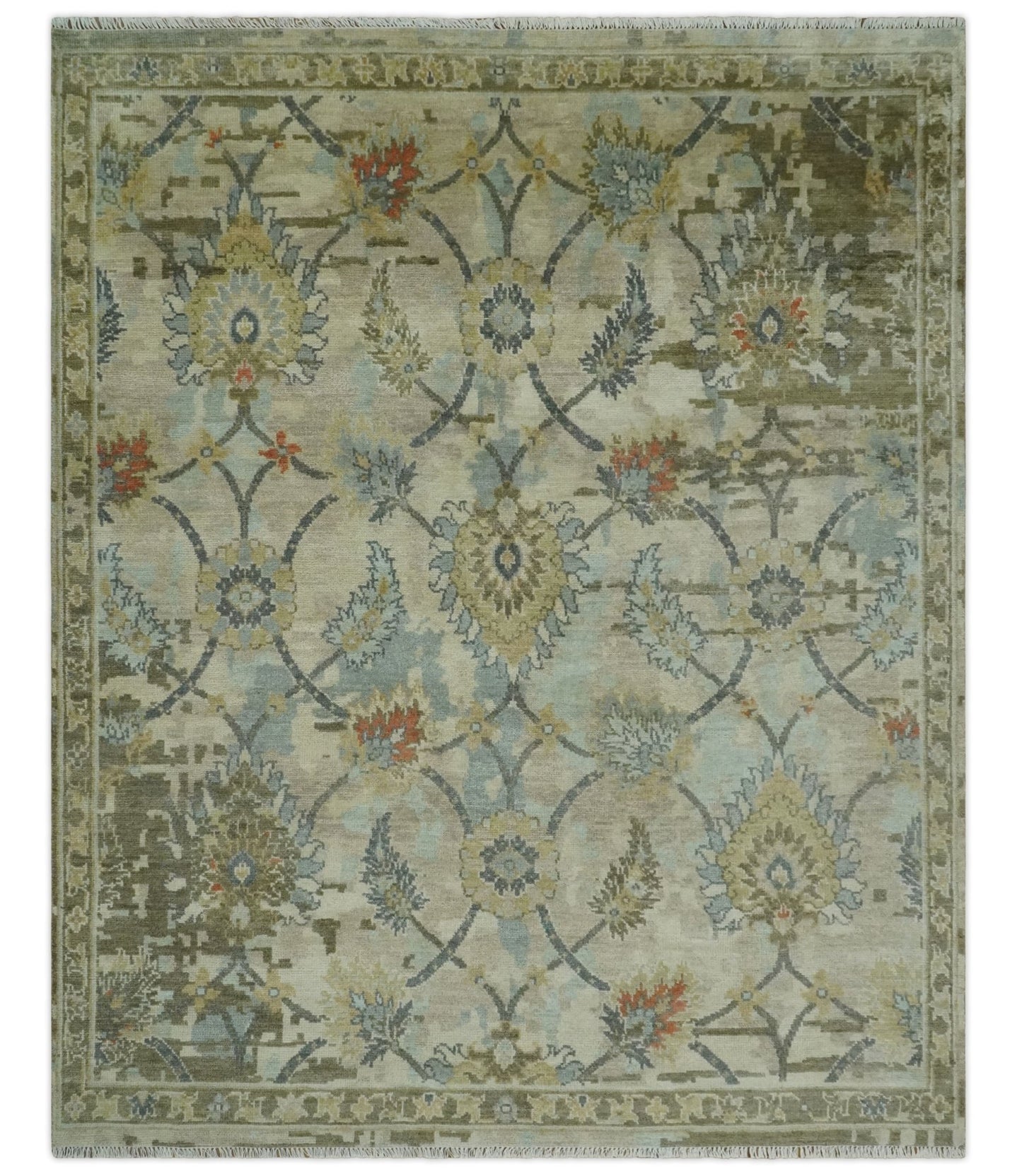 Antique Style Beige, Green and Gray Hand Knotted Traditional Oriental 8x10 wool area Rug - The Rug Decor