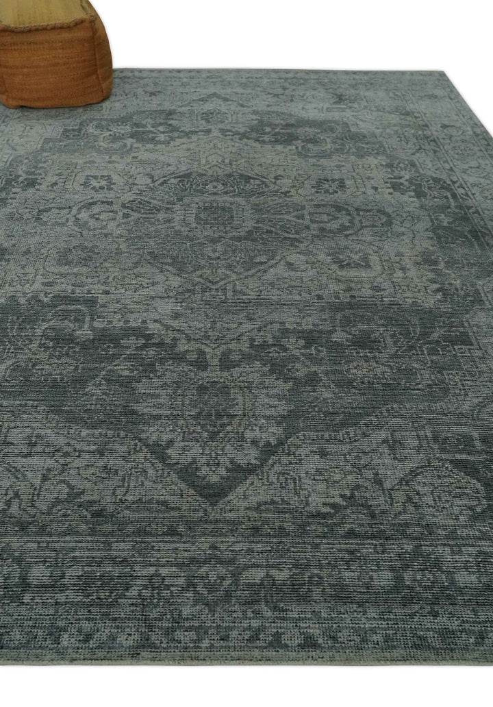 Antique Style Charcoal and Silver Traditional Heriz Medallion 8x10 wool Area Rug - The Rug Decor