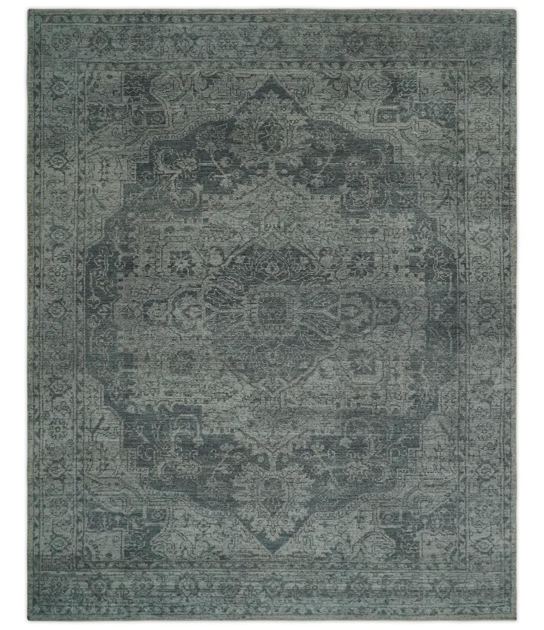 Antique Style Charcoal and Silver Traditional Heriz Medallion 8x10 wool Area Rug - The Rug Decor