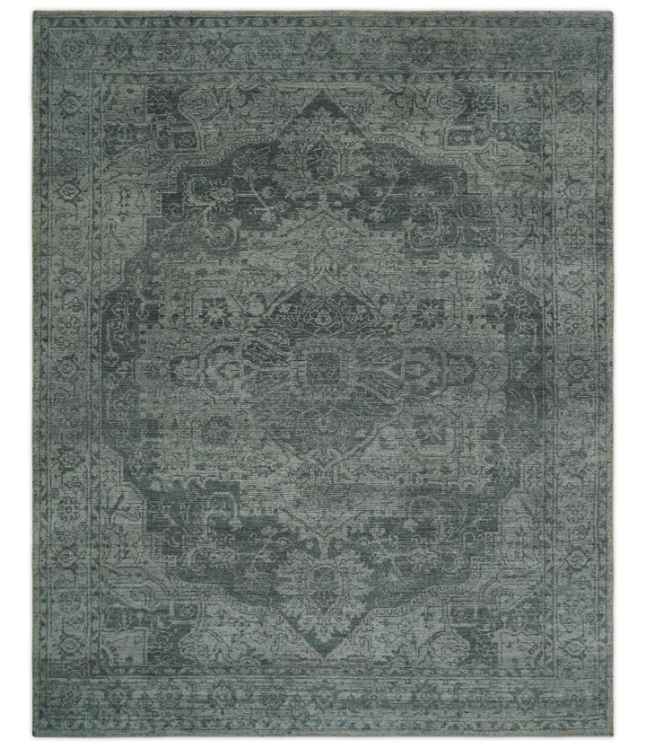 Antique Style Charcoal and Silver Traditional Heriz Medallion 8x10 wool Area Rug - The Rug Decor