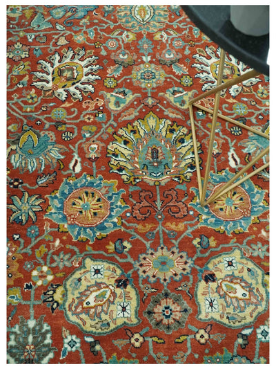 Antique Style Fine Rust, Blue and Aqua 8x10 Hand Knotted Traditional Serapi wool rug - The Rug Decor