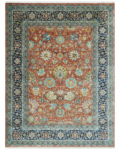 Antique Style Fine Rust, Blue and Aqua 8x10 Hand Knotted Traditional Serapi wool rug - The Rug Decor