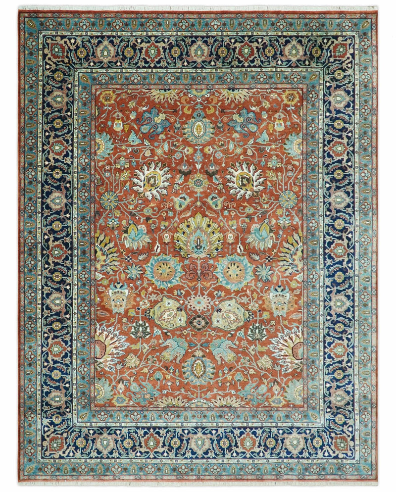 Antique Style Fine Rust, Blue and Aqua 8x10 Hand Knotted Traditional Serapi wool rug - The Rug Decor