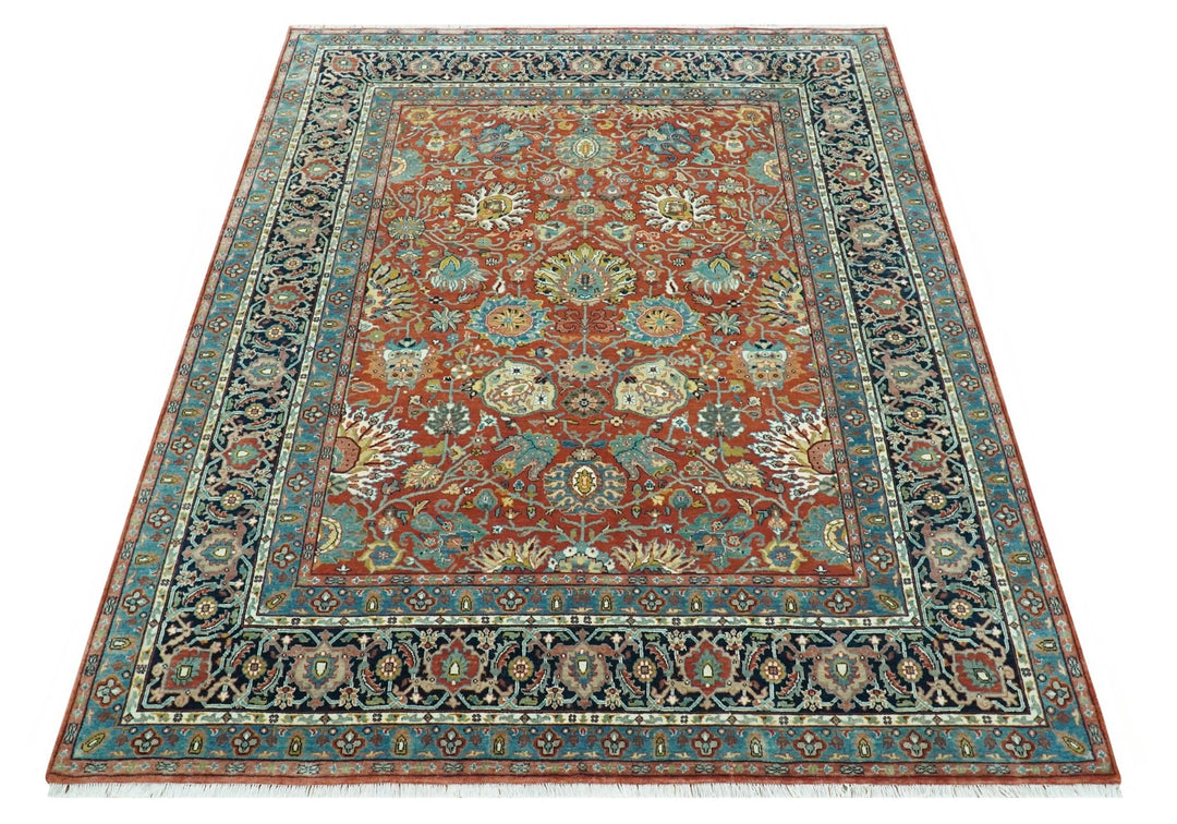 Antique Style Fine Rust, Blue and Aqua 8x10 Hand Knotted Traditional Serapi wool rug - The Rug Decor