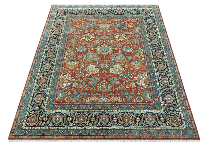 Antique Style Fine Rust, Blue and Aqua 8x10 Hand Knotted Traditional Serapi wool rug - The Rug Decor
