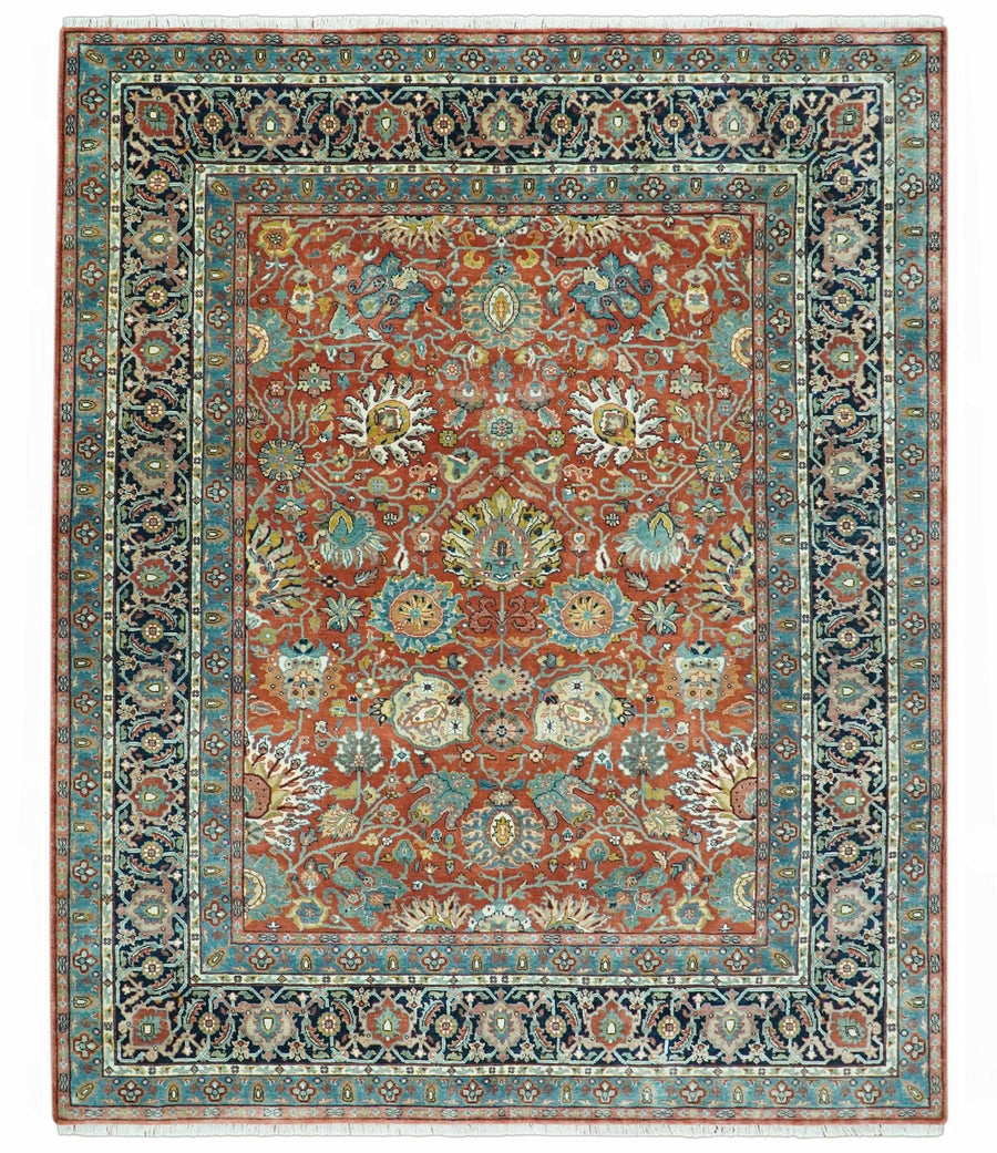 Antique Style Fine Rust, Blue and Aqua 8x10 Hand Knotted Traditional Serapi wool rug - The Rug Decor