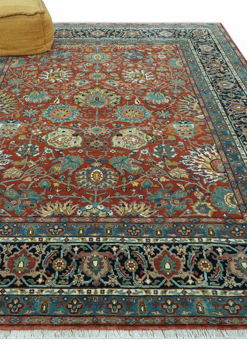 Antique Style Fine Rust, Blue and Aqua 8x10 Hand Knotted Traditional Serapi wool rug - The Rug Decor