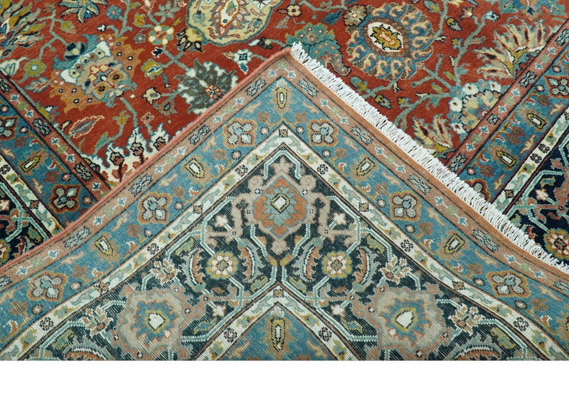 Antique Style Fine Rust, Blue and Aqua 8x10 Hand Knotted Traditional Serapi wool rug - The Rug Decor