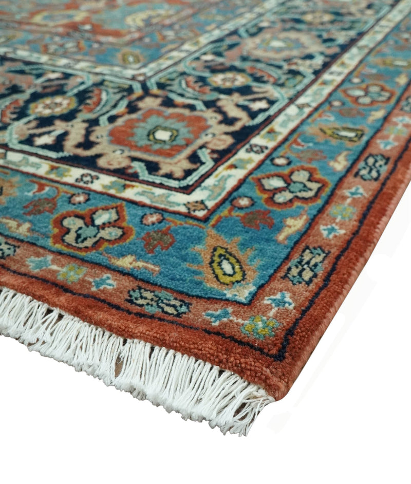 Antique Style Fine Rust, Blue and Aqua 8x10 Hand Knotted Traditional Serapi wool rug - The Rug Decor