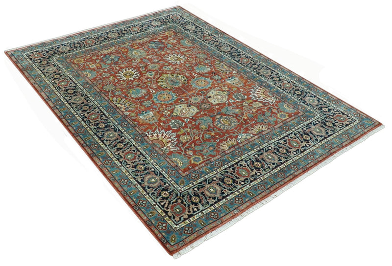 Antique Style Fine Rust, Blue and Aqua 8x10 Hand Knotted Traditional Serapi wool rug - The Rug Decor