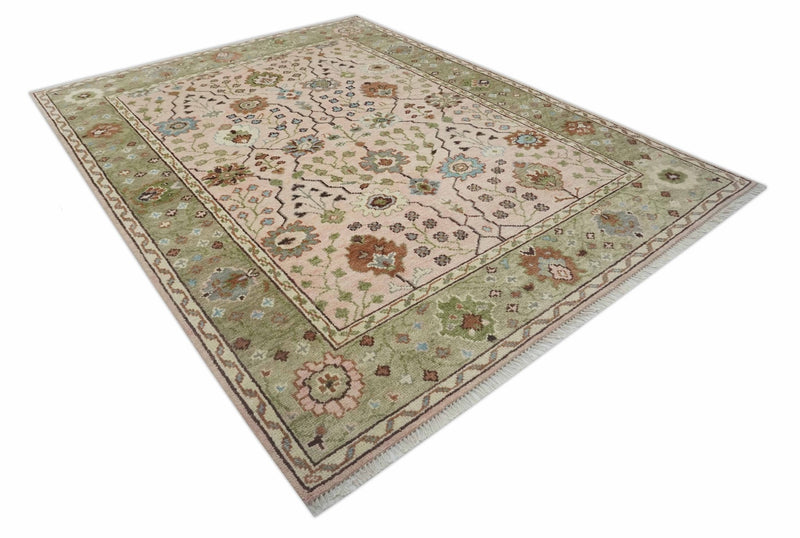 Antique Style floral Hand knotted Peach Pink and Green Custom Made Wool Area Rug - The Rug Decor