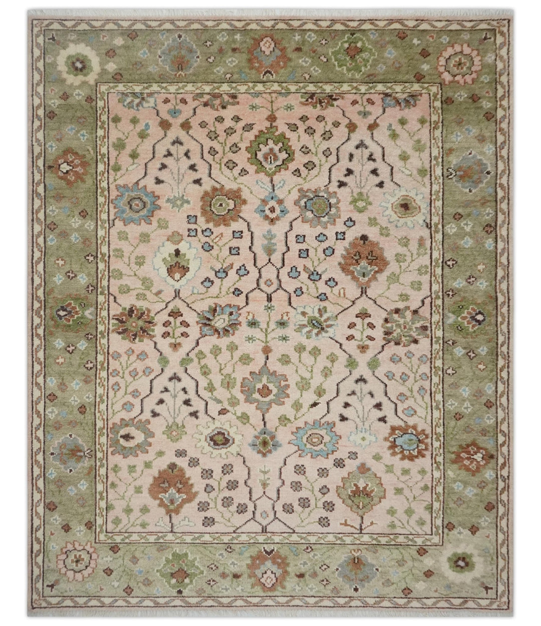 Victorian Peach Color Rug Antique Style floral Hand knotted Peach Pink and Green Custom Made Woo ...