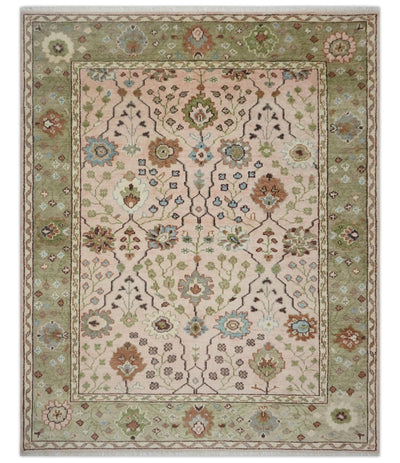 Antique Style floral Hand knotted Peach Pink and Green Custom Made Wool Area Rug - The Rug Decor