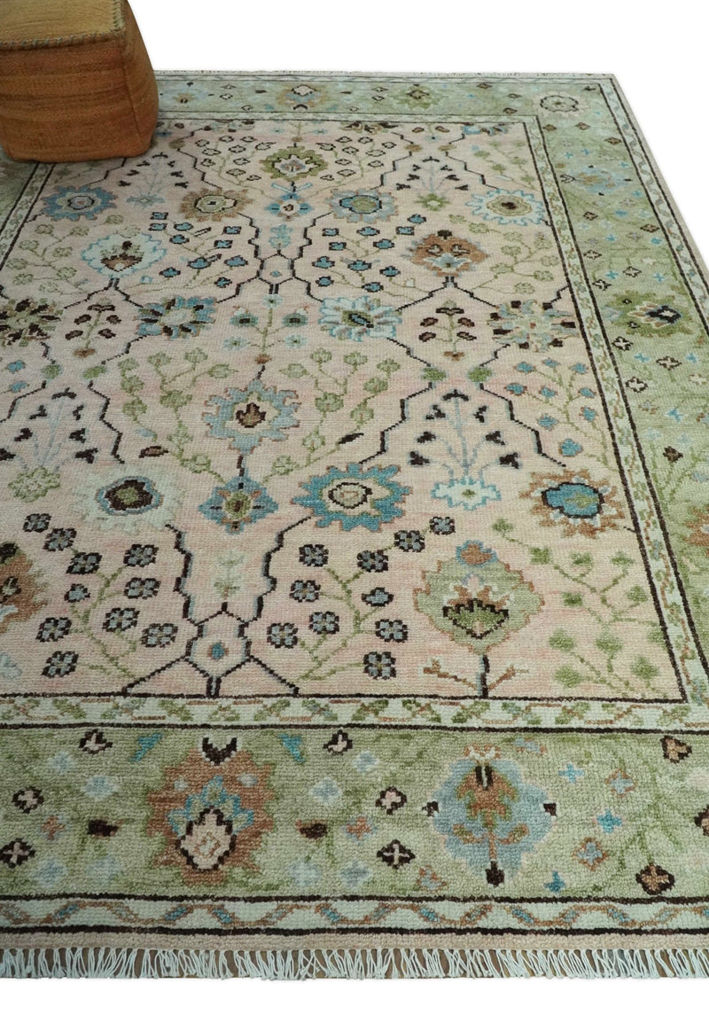 Antique Style floral Hand knotted Peach Pink and Green Custom Made Wool Area Rug - The Rug Decor