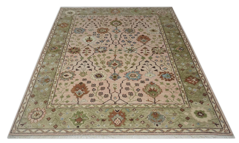 Antique Style floral Hand knotted Peach Pink and Green Custom Made Wool Area Rug - The Rug Decor