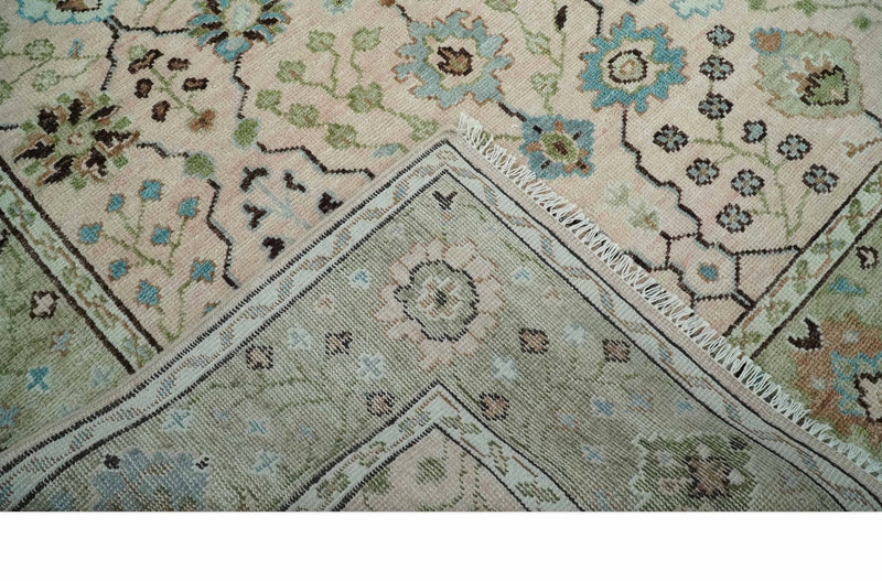 Antique Style floral Hand knotted Peach Pink and Green Custom Made Wool Area Rug - The Rug Decor