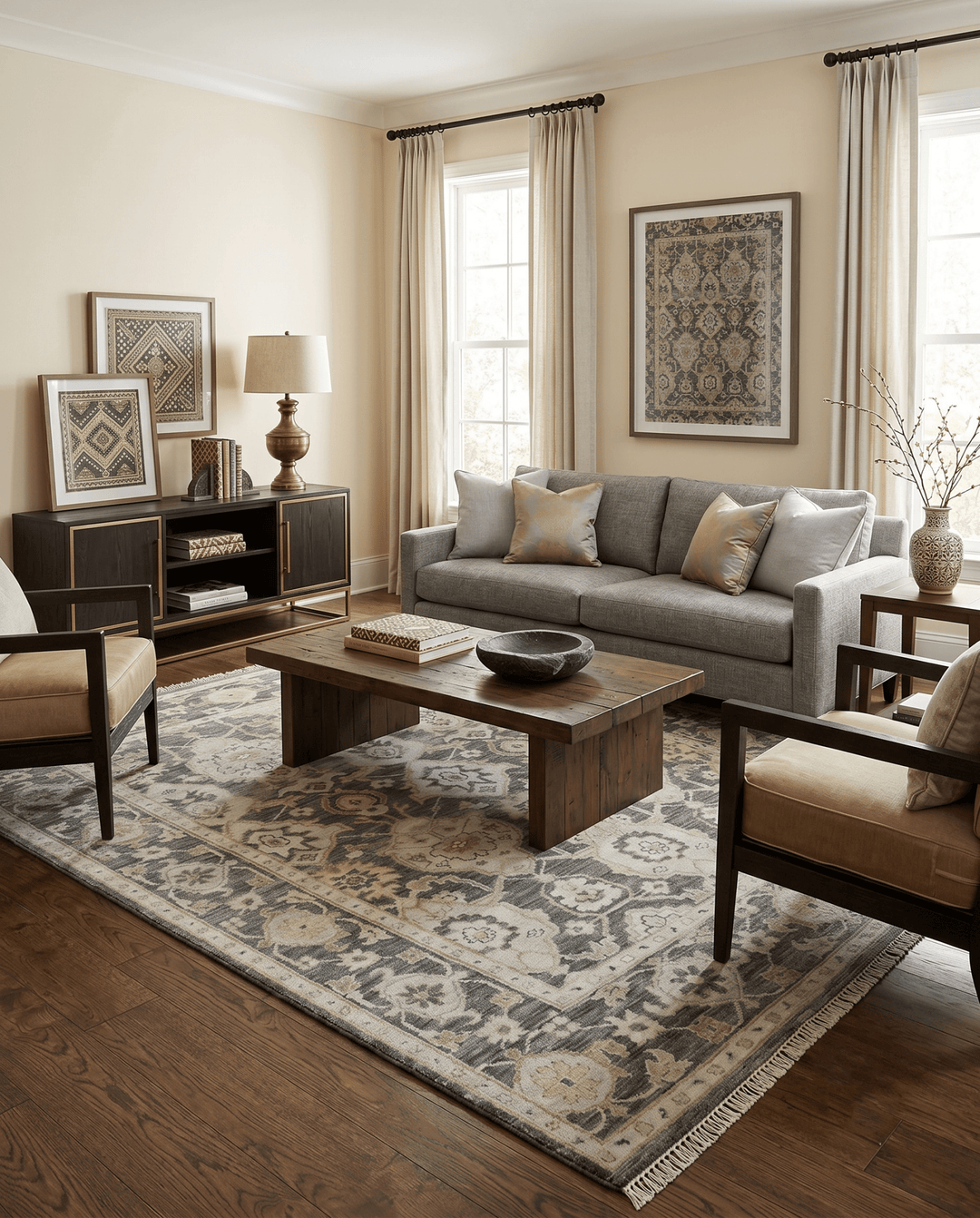 Antique style Gray, Ivory and Olive Hand knotted Traditional Oushak wool Area Rug - The Rug Decor