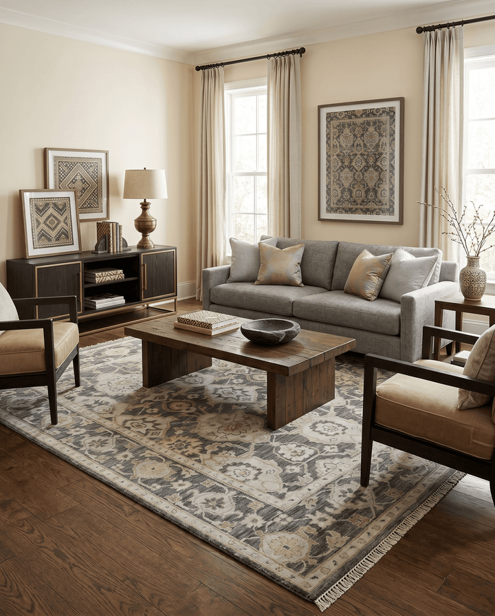 Antique style Gray, Ivory and Olive Hand knotted Traditional Oushak wool Area Rug - The Rug Decor