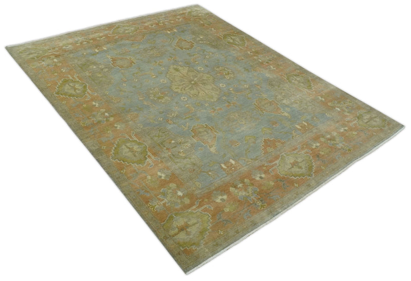 Antique style Gray, Rust and Green Hand Knotted 8x10 Oriental Oushak wool Area Rug - The Rug Decor