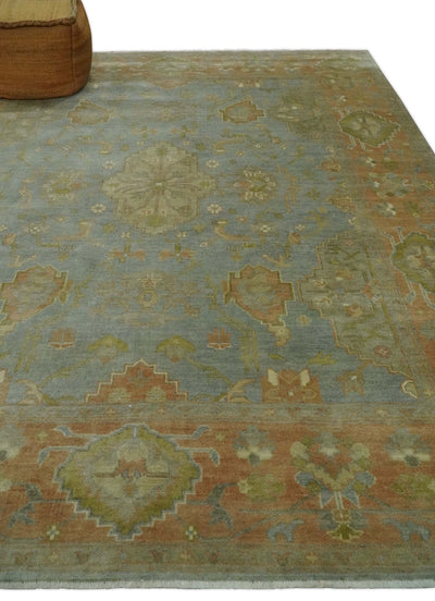 Antique style Gray, Rust and Green Hand Knotted 8x10 Oriental Oushak wool Area Rug - The Rug Decor