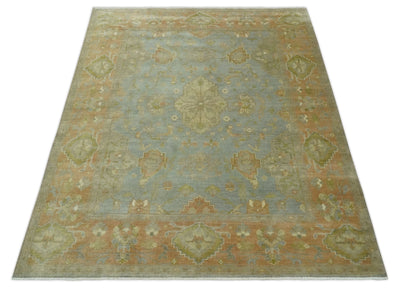 Antique style Gray, Rust and Green Hand Knotted 8x10 Oriental Oushak wool Area Rug - The Rug Decor