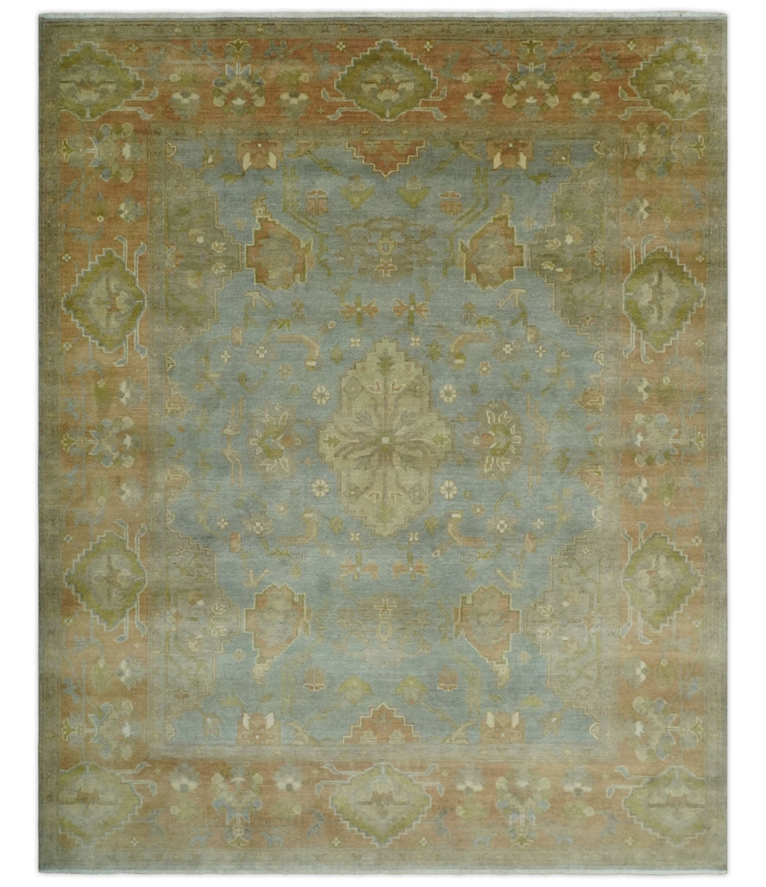 Antique style Gray, Rust and Green Hand Knotted 8x10 Oriental Oushak wool Area Rug - The Rug Decor