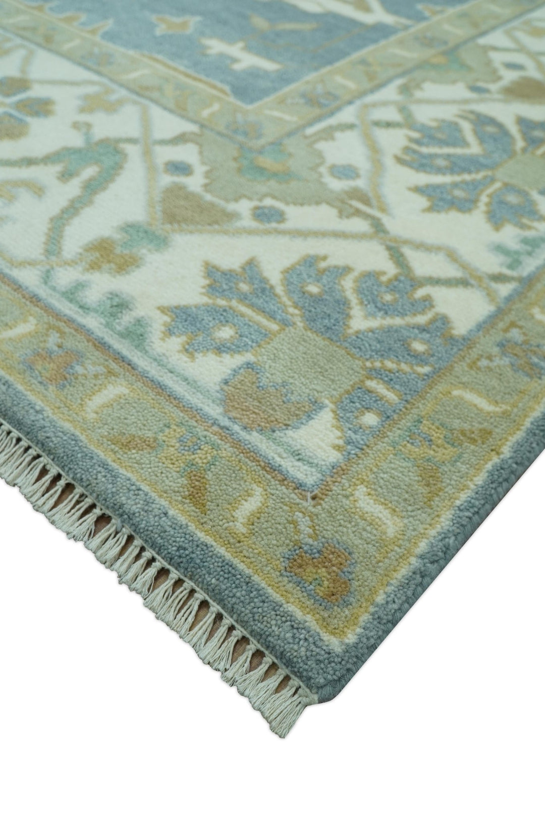 Antique Style Grayish Blue and Ivory Hand Knotted Custom Made Wool Rug - The Rug Decor