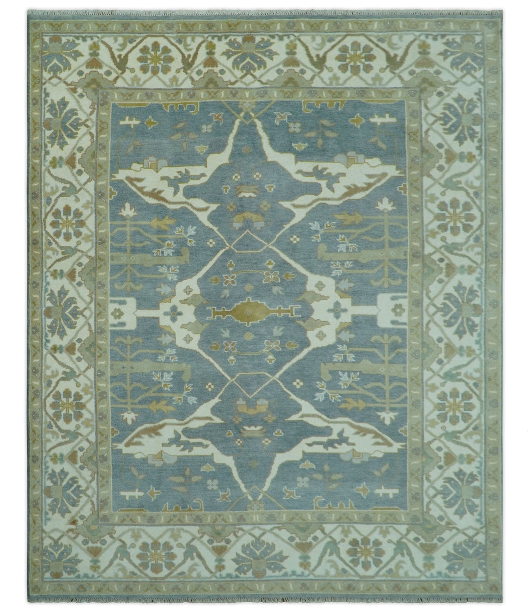 Antique Style Grayish Blue and Ivory Hand Knotted Custom Made Wool Rug - The Rug Decor