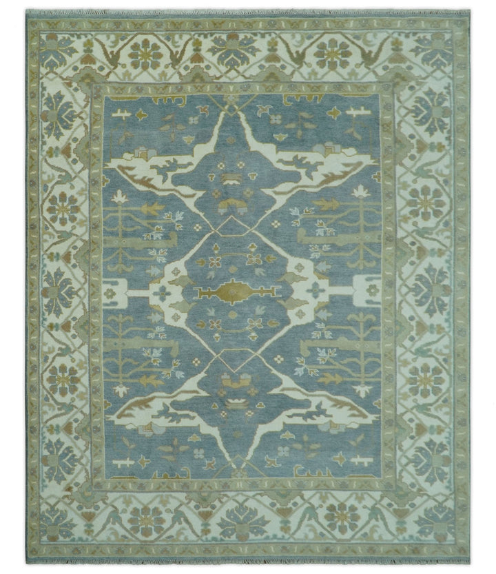 Antique Style Grayish Blue and Ivory Hand Knotted Custom Made Wool Rug - The Rug Decor