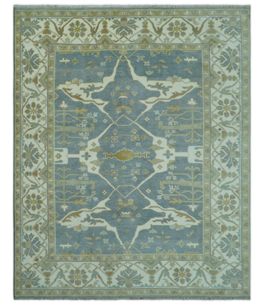 Antique Style Grayish Blue and Ivory Hand Knotted Custom Made Wool Rug - The Rug Decor