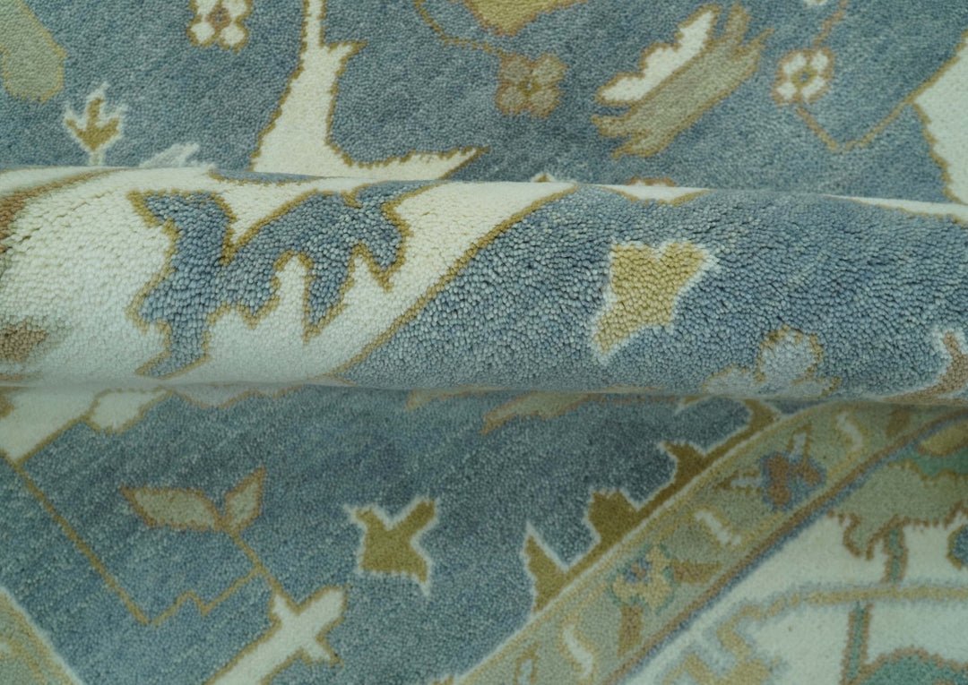Antique Style Grayish Blue and Ivory Hand Knotted Custom Made Wool Rug - The Rug Decor